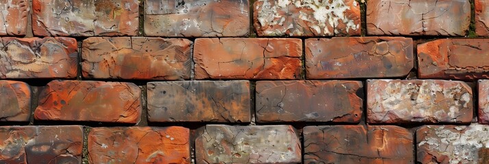 Panorama image capturing the rich orange texture and pattern of a well-built brick wall in daylight