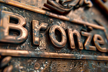 Detailed image showing the textured, embossed letters on a bronze sign with intricate patterns