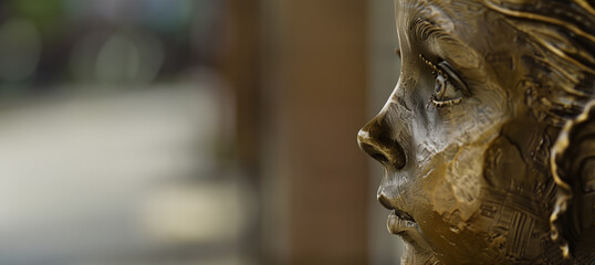 bronze statue of a child outside a school with copy space