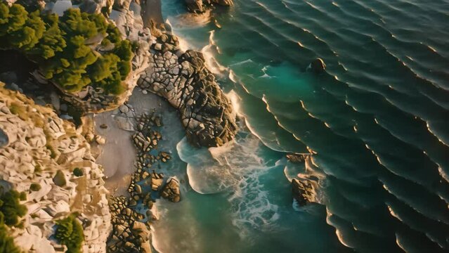 This photo captures an aerial perspective of the vast ocean and rugged rocks along the coastline, Aerial perspective of the sea kissing rocky shores at dawn, AI Generated