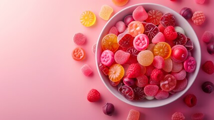Fototapeta na wymiar Bowl of different candies on gradient background primary color: pink, secondary color: white. candiea are not only in bowl but and ariund, generated with AI