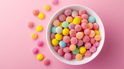 Obraz premium Bowl of different candies on gradient background primary color: pink, secondary color: white. candiea are not only in bowl but and ariund, generated with AI