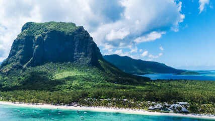 Natural background. The beach and the view of Mount Le Morne.