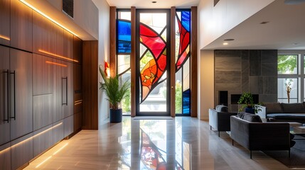A high-definition entryway with a custom, artistic stained glass window that casts colorful light across the minimalist interior