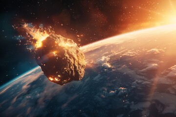 Meteor Impact On Earth - Fired Asteroid In Collision With Planet. concept on the theme apocalypse, armageddon, doomsday,
