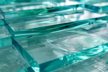 This image features multiple layers of thick, turquoise glass sheets with visible edges, textures, and reflections