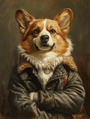 Corgi with vintage jacket, vintage painting style, generated with AI
