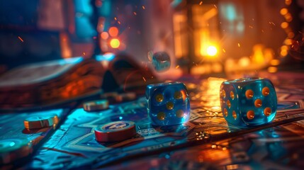 Dice, boardgame background, lighting, generated with AI
