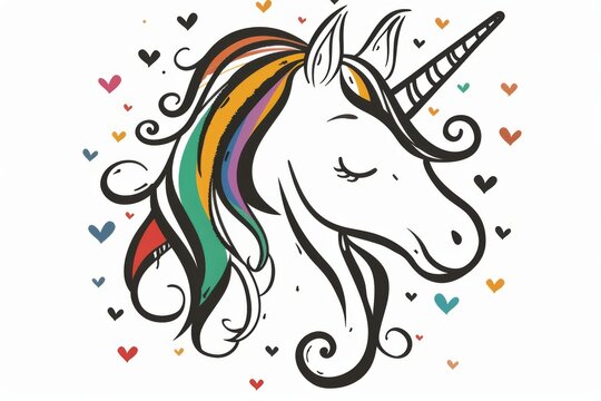 recommend clip art: Design an adorable black and white, outline only cartoon illustration of unicorn head with colorful hair surrounding him, from in a logo style, very detailed, depicting him looking, generated with AI