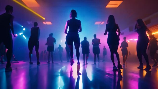 Group of People Dancing in a Dance Studio, Aerobics class scenario captured in a gym, AI Generated