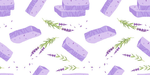 Seamless soap pattern. Handmade natural Lavender soap. Soap bars with lavender grass. Vector flat Illustration for wallpaper, fabric, packing, wrapping. Natural organic spa products cosmetics