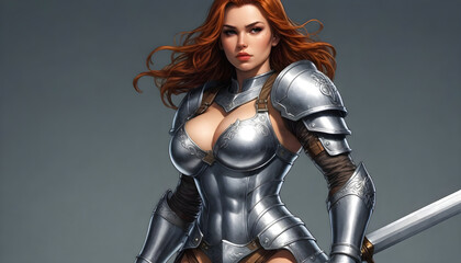 Fototapeta premium comic style knight woman with sword and armor