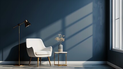 Elegant modern interior with an armchair and a lamp. Minimalist style living room design. Comfort and simplicity in home decor. AI - obrazy, fototapety, plakaty