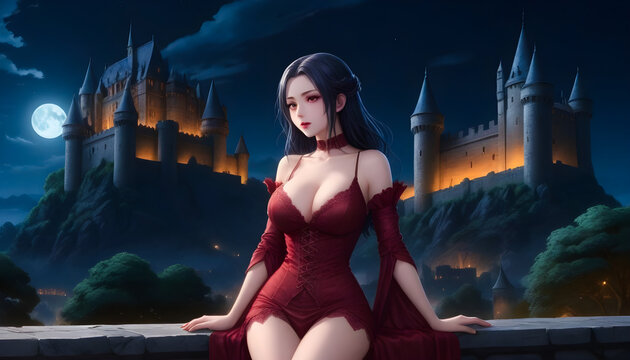 anime vampire woman in red dress with catle in the back