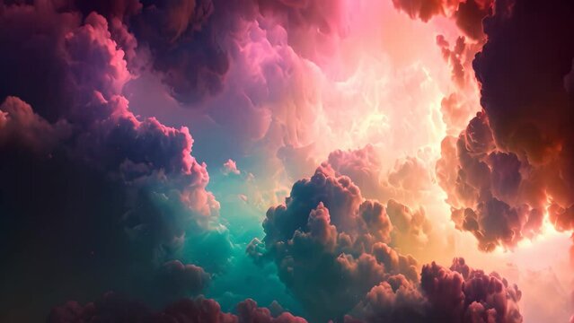 The photo captures a colorful sky filled with numerous clouds, creating a vibrant and dynamic scene, Aluring cosmic cloudscape drenched in vibrant hues, AI Generated