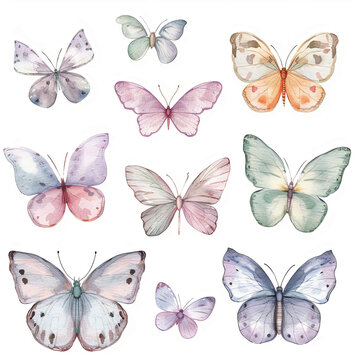 Adorable watercolor clipart set including butterflies in gentle pastel shades on a white background. Great for crafting whimsical designs and decorative elements.