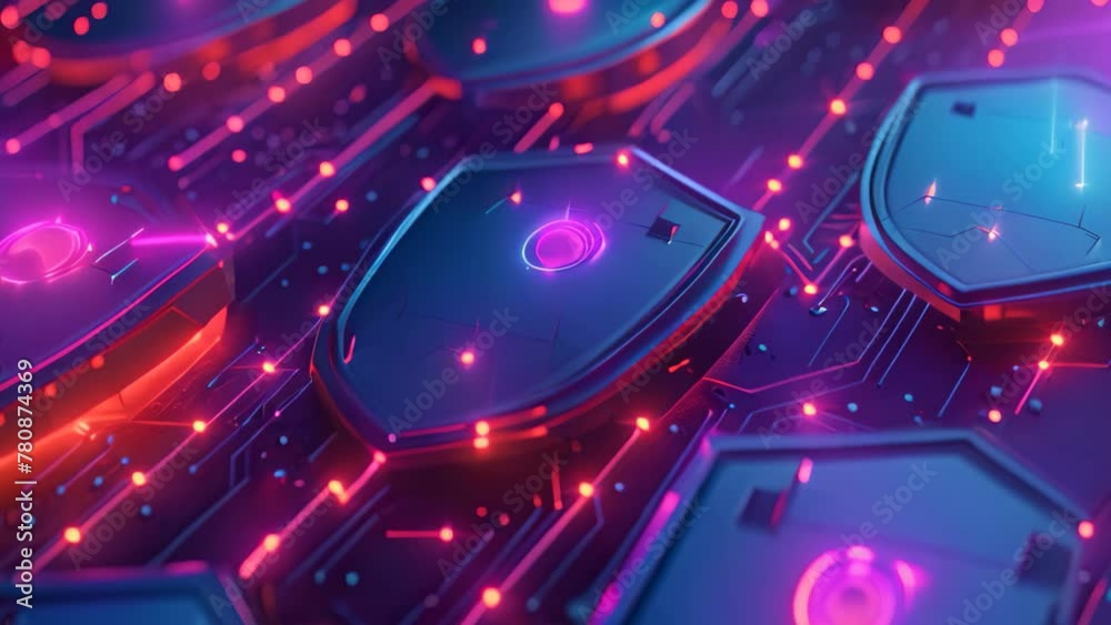 Poster close up of computer keyboard with red and blue lights, an abstract representation of data breach wi