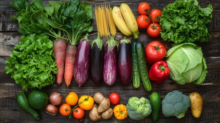   A variety of fruits and vegetables are displayed on a wooden board, featuring carrots, lettuce, tomatoes, cucumbers, and broccoli