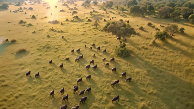 A large group of cattle peacefully grazing on a lush green field, An aerial Video of wildlife darting across the savannah, AI Generated