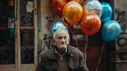 Lonely old man sitting on the street next to balloons