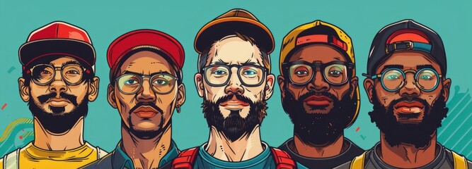 Cluster of several men standing together, all sporting glasses and beards - obrazy, fototapety, plakaty