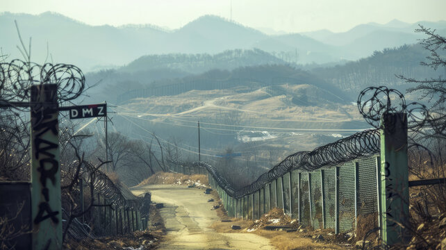 Barbed wire border divides Korea with North Korea in the Demilitarized Zone. Generative AI.
