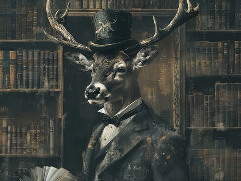 Majestic stag wearing a frock coat and a top hat, standing amidst an ancient library. generated with AI