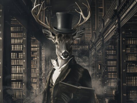 Majestic stag wearing a frock coat and a top hat, standing amidst an ancient library. Black and white portrait chiaroscoro , generated with AI