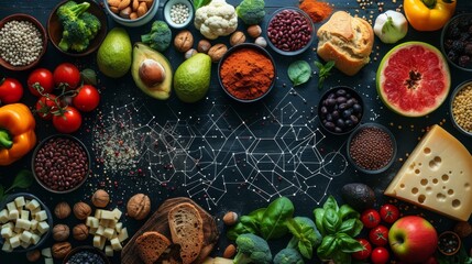  A variety of fruits, vegetables, and cheeses form a star of David on a black background