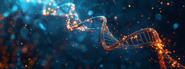 3D render of a double helix DNA structure floating in space, glowing and sparkling with energy. Dark blue background creates an atmosphere of mystery and science fiction.