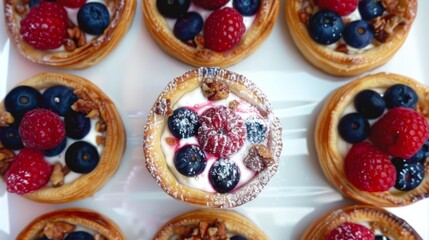 On plate, on clean modern kitchen table, topdown view, raspberries, blueberries, pastry, generated with AI