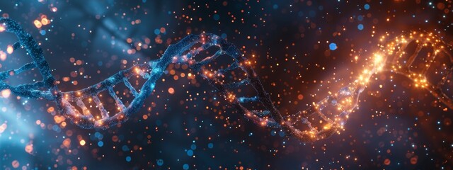 3D render of a double helix DNA structure floating in space, glowing and sparkling with energy. Dark blue background creates an atmosphere of mystery and science fiction.