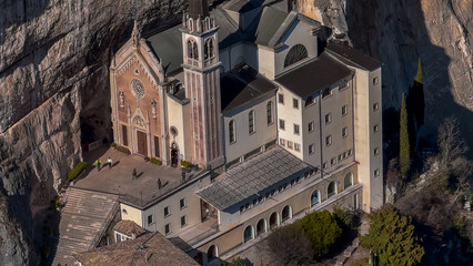 Medieval church Santuario Basilica Madonna della Corona on the cliffs Verona, Italy
