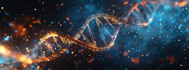 3D render of a double helix DNA structure floating in space, glowing and sparkling with energy. Dark blue background creates an atmosphere of mystery and science fiction.