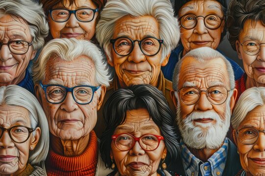 An image showing a gathering of elderly individuals all wearing glasses, conversing and interacting with each other