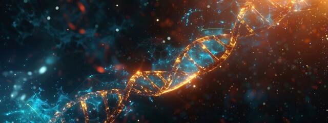 3D render of a double helix DNA structure floating in space, glowing and sparkling with energy. Dark blue background creates an atmosphere of mystery and science fiction.