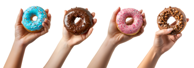 Collection set of hand holding round donut doughnut on transparent background cutout, PNG file. Mockup template for artwork graphic design