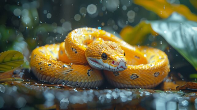 Photo of a yellow snake, crawling and sneaking in a jungle, volumetric exposure, generated with AI