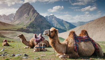 camels in the mountains - obrazy, fototapety, plakaty