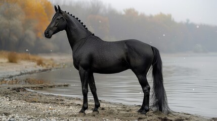   A black horse atop a beach, beside a body of water, with trees in the background