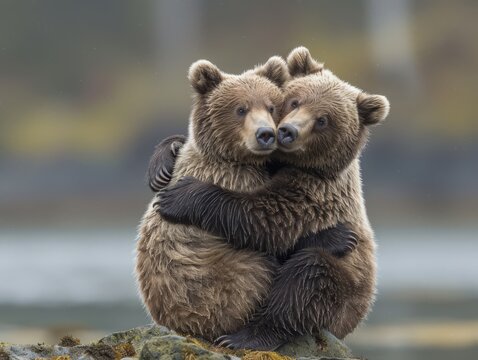 Two bears cuddling, canon eos 1d, 70mm lens,, generated with AI
