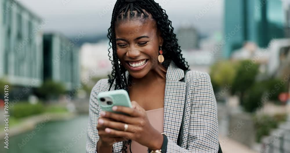 Poster Wow, phone and excited black woman in city with winner fist, celebration or competition prize notification. Smartphone, yes and happy African entrepreneur with travel, deal or immigration opportunity