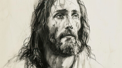 portrait of Jesus in the style of a charcoal drawing