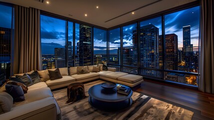A high-rise apartment living room with corner glass walls providing a 270-degree view of the city skyline at night, featuring modern decor and ambient lighting for a luxurious feel