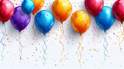   A group of vibrant balloons with cascading confetti and adjacent streamers against a pure white backdrop