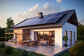 modern house with solar panels on the roof, concept of autonomous heating and eco systems