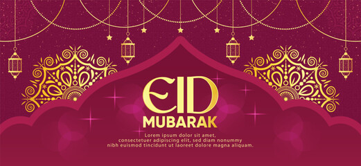 Eid Mubarak Premium Vector Illustration Luxury Design. Golden Text On a Pink Background with Golden Mandalas and Islamic Decorations. Eid Mubarak, Premium Vector Design For Islamic Holidays