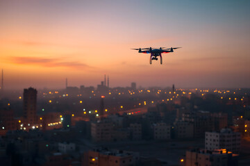 one drone over city at summer sunrise. Neural network generated image. Not based on any actual scene or pattern.