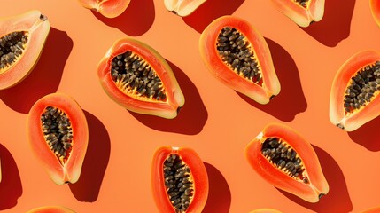 papaya halves pattern on a vibrant orange solid color background, summer vibes