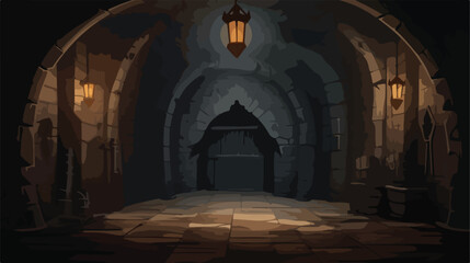 Abandoned castle dungeon room with light on wall. D